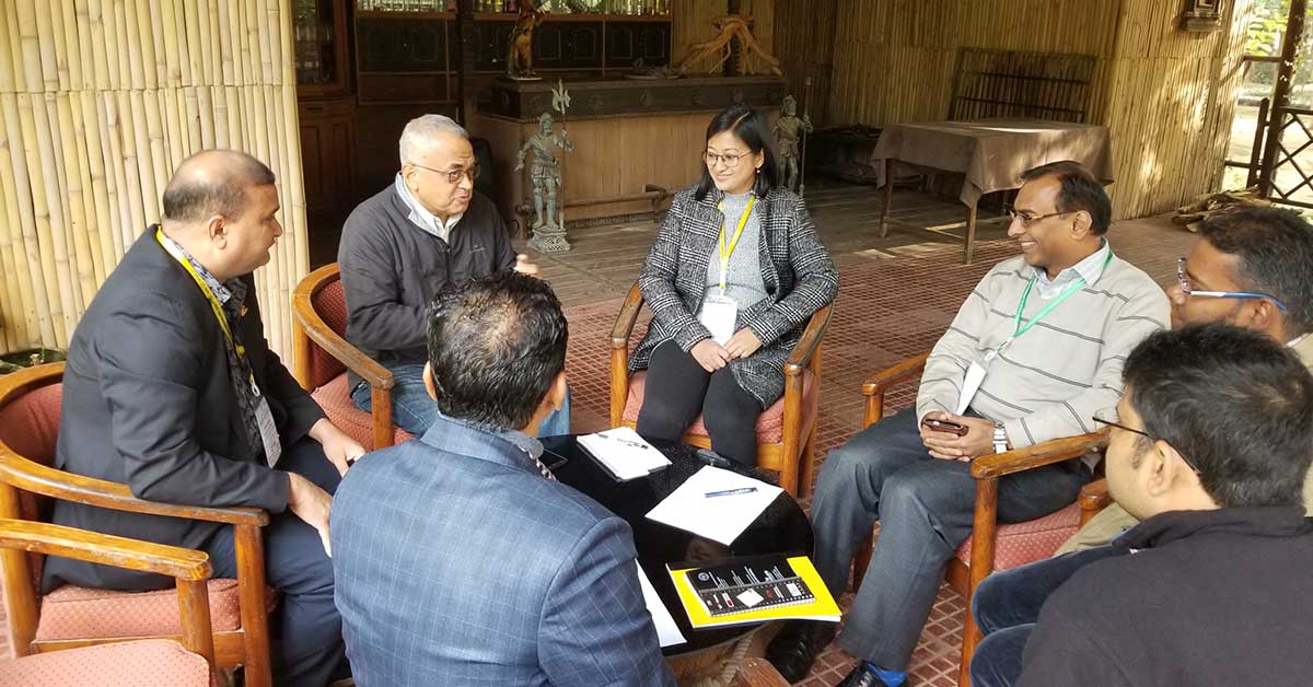 Small group discussion among the Bharatpur Eye Hospital research team to reinforce and apply strategies.